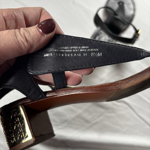 TORY BURCH Audra Gold Logo Block Heel Sandals in Black 8.5 - Picture 5 of 5